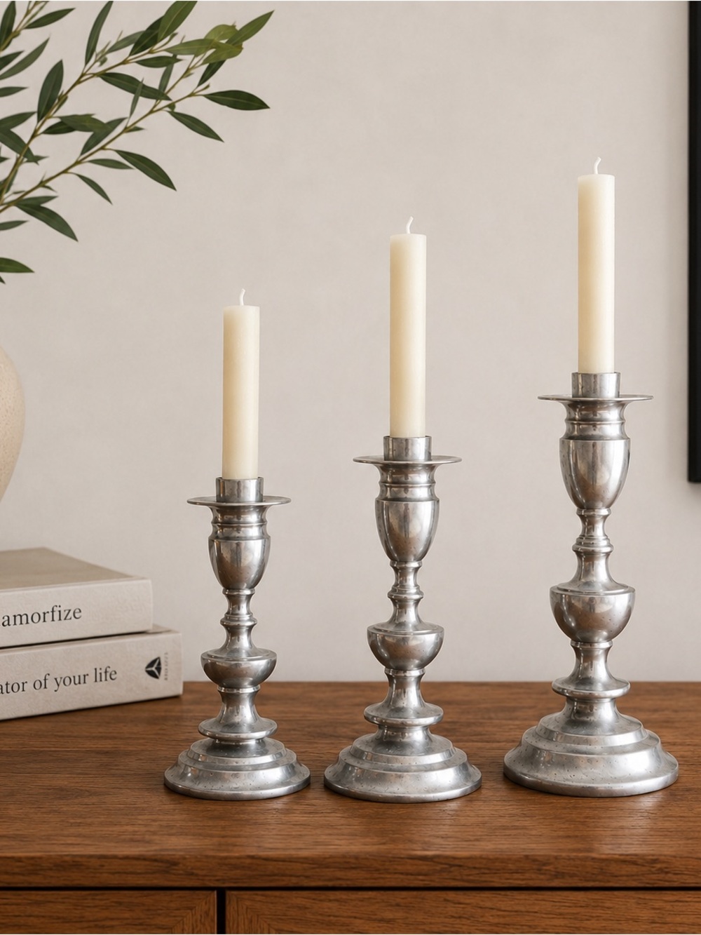 Vintage Silver Pewter Candlestick Holders Set of 3 Graduated Candle Sticks